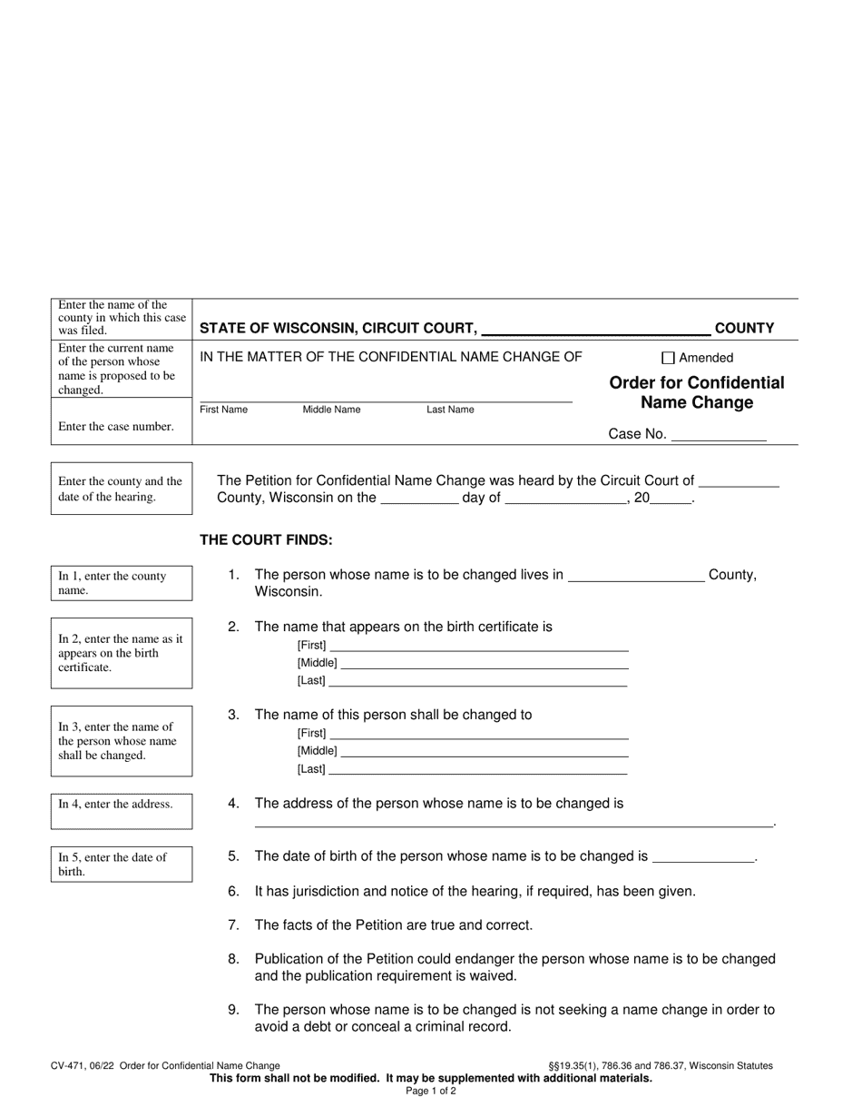 Form CV471 Download Printable PDF or Fill Online Order for Confidential Name Change, Wisconsin