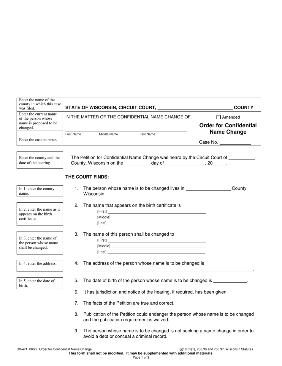 Form CV-471 Order for Confidential Name Change - Wisconsin, Page 1