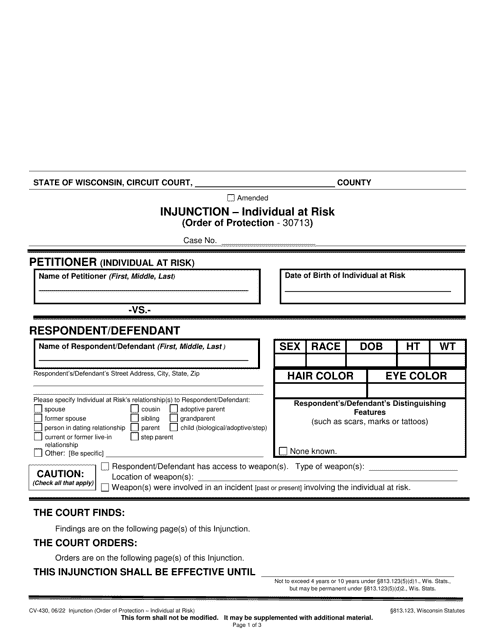 Form CV-430 Injunction - Individual at Risk - Wisconsin