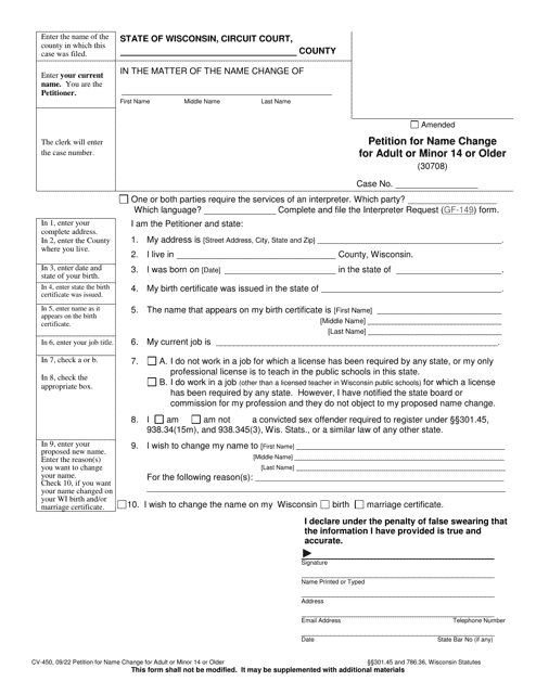Form CV-450 Petition for Name Change for Adult or Minor 14 or Older - Wisconsin