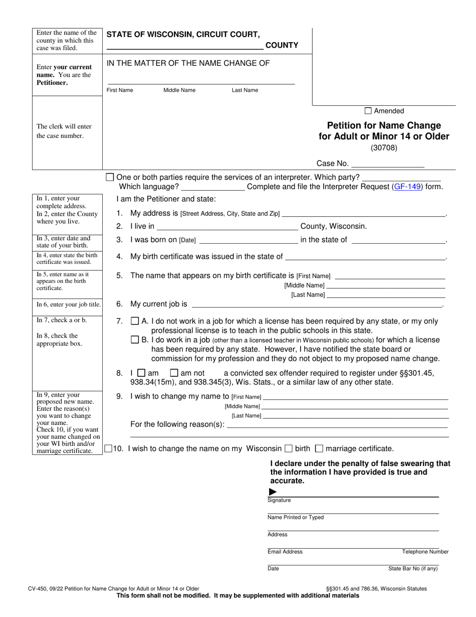 Form CV-450 Petition for Name Change for Adult or Minor 14 or Older - Wisconsin, Page 1