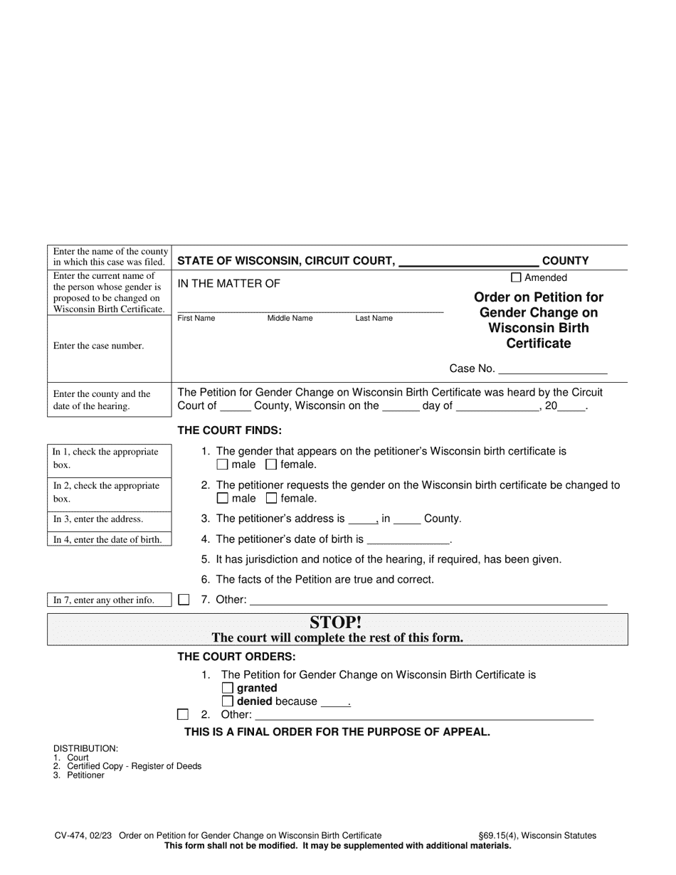 Form CV-474 Order on Petition for Gender Change on Wisconsin Birth Certificate - Wisconsin, Page 1