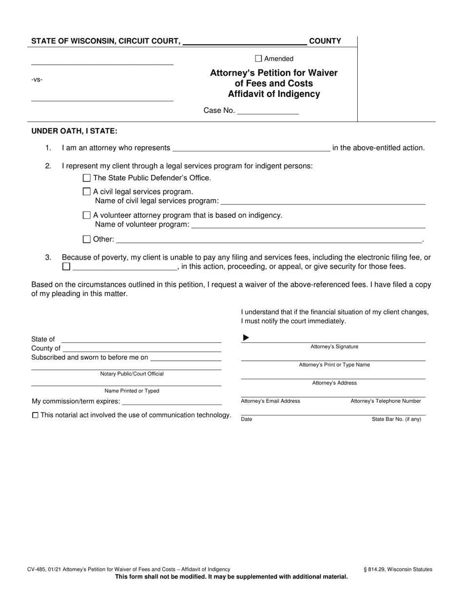 Form CV-485 Attorneys Petition for Waiver of Fees and Costs - Affidavit of Indigency - Wisconsin, Page 1
