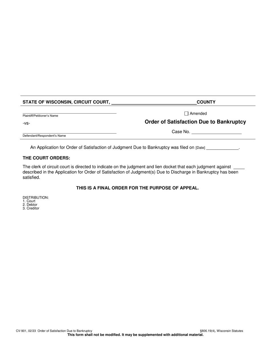 Form CV-901 Order of Satisfaction Due to Bankruptcy - Wisconsin, Page 1