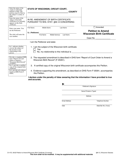 Form CV-472 Petition to Amend Wisconsin Birth Certificate - Wisconsin