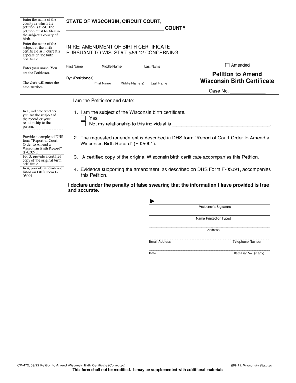 Form CV-472 Petition to Amend Wisconsin Birth Certificate - Wisconsin, Page 1
