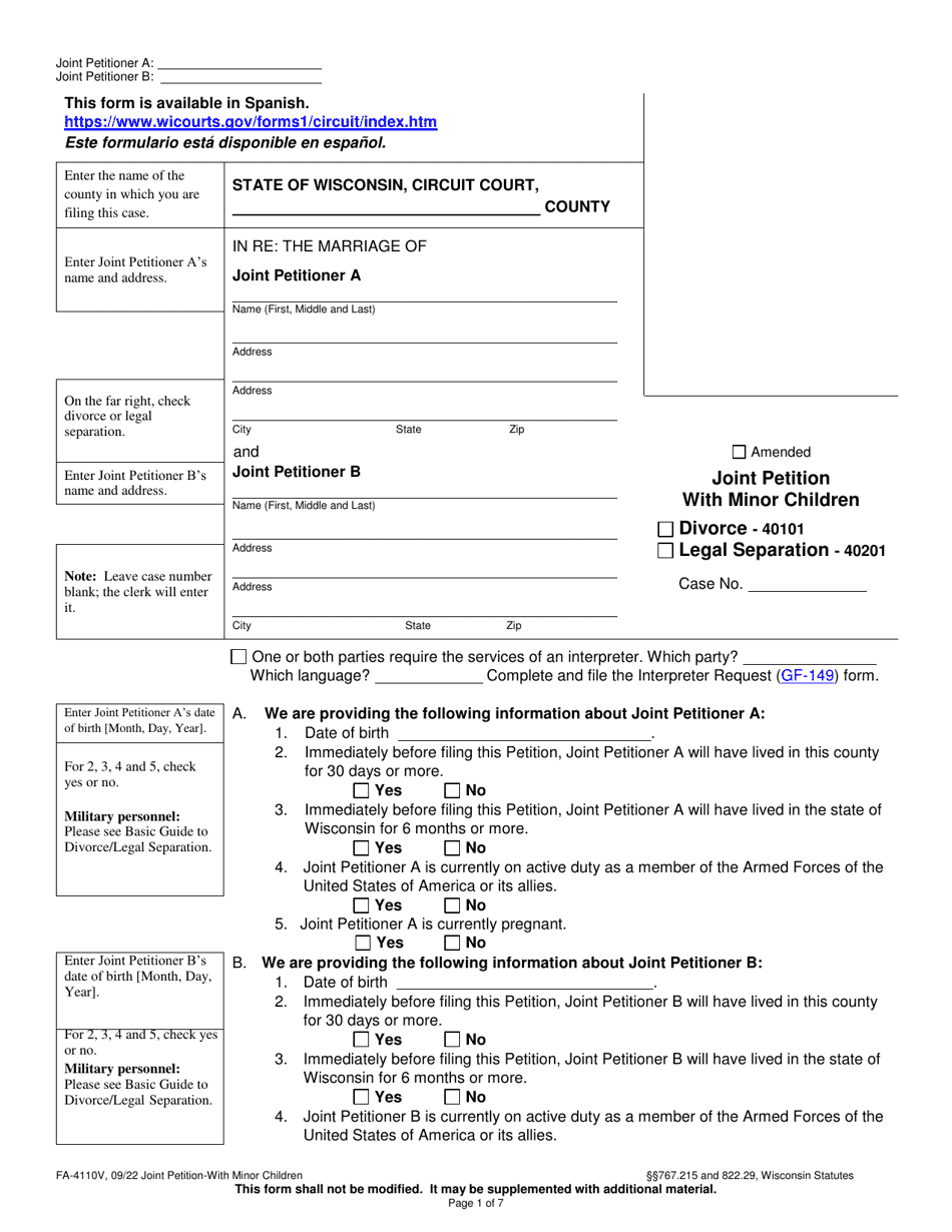 Form FA-4110V Joint Petition With Minor Children - Wisconsin, Page 1