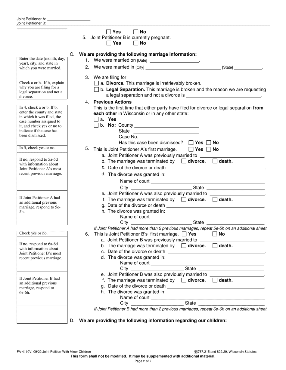 Form FA-4110V Joint Petition With Minor Children - Wisconsin, Page 2