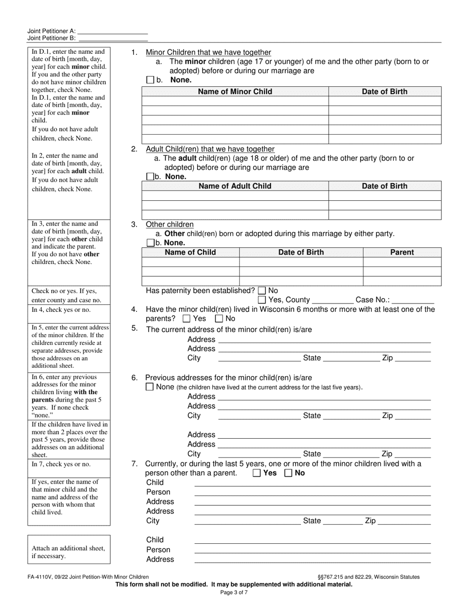 Form FA-4110V Joint Petition With Minor Children - Wisconsin, Page 3