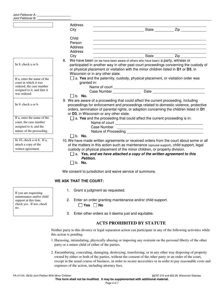 Form FA-4110V Joint Petition With Minor Children - Wisconsin, Page 4