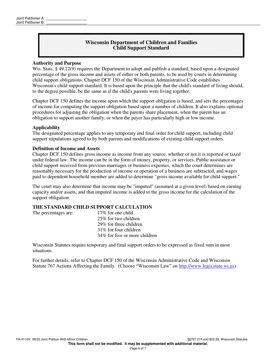Form FA-4110V Joint Petition With Minor Children - Wisconsin, Page 6