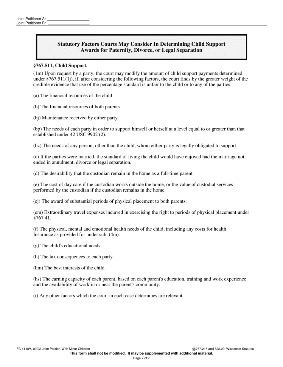 Form FA-4110V Joint Petition With Minor Children - Wisconsin, Page 7