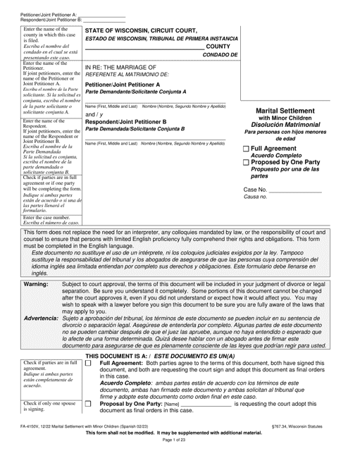 Form FA-4150V Marital Settlement Agreement With Minor Children - Wisconsin (English/Spanish)