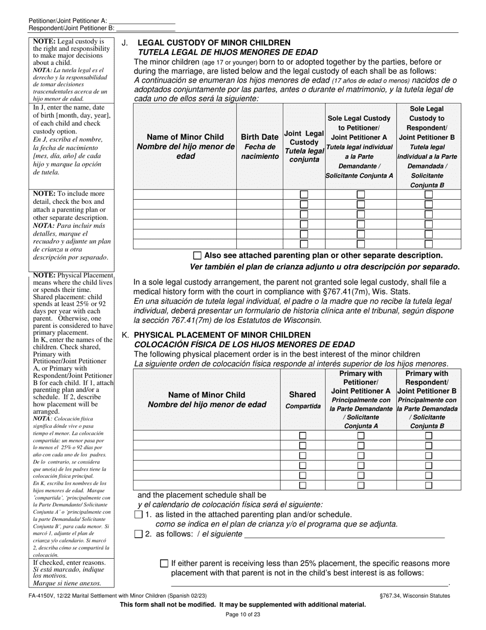 Form FA-4150V Marital Settlement Agreement With Minor Children - Wisconsin (English / Spanish), Page 10