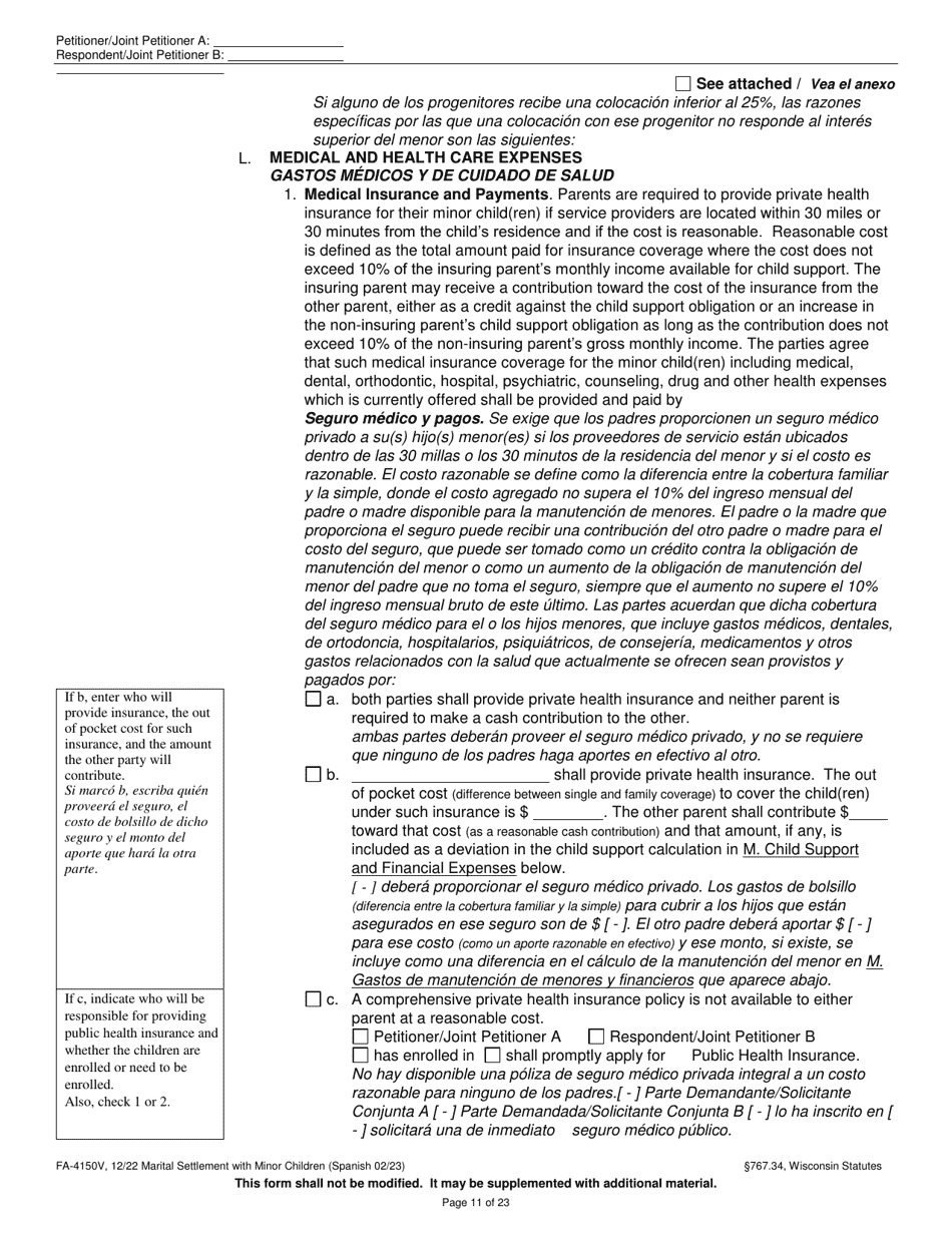 Form FA-4150V Marital Settlement Agreement With Minor Children - Wisconsin (English / Spanish), Page 11
