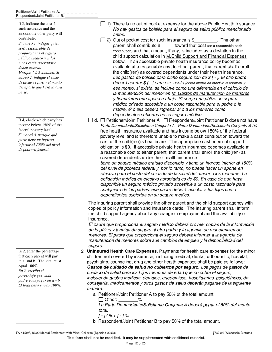 Form FA-4150V Marital Settlement Agreement With Minor Children - Wisconsin (English / Spanish), Page 12