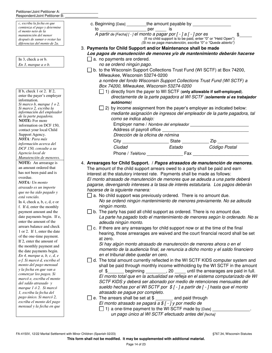 Form FA-4150V Marital Settlement Agreement With Minor Children - Wisconsin (English / Spanish), Page 14