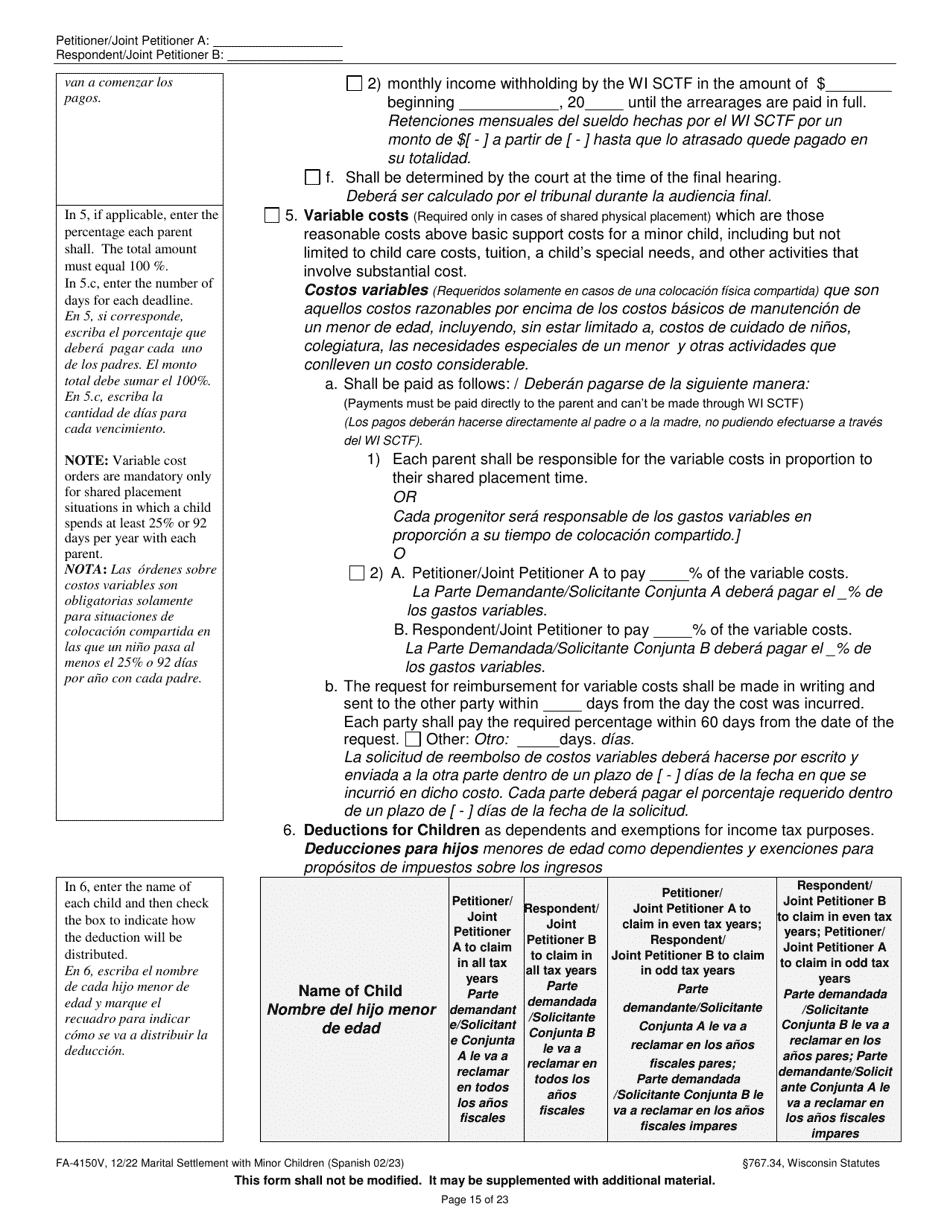 Form FA-4150V Marital Settlement Agreement With Minor Children - Wisconsin (English / Spanish), Page 15
