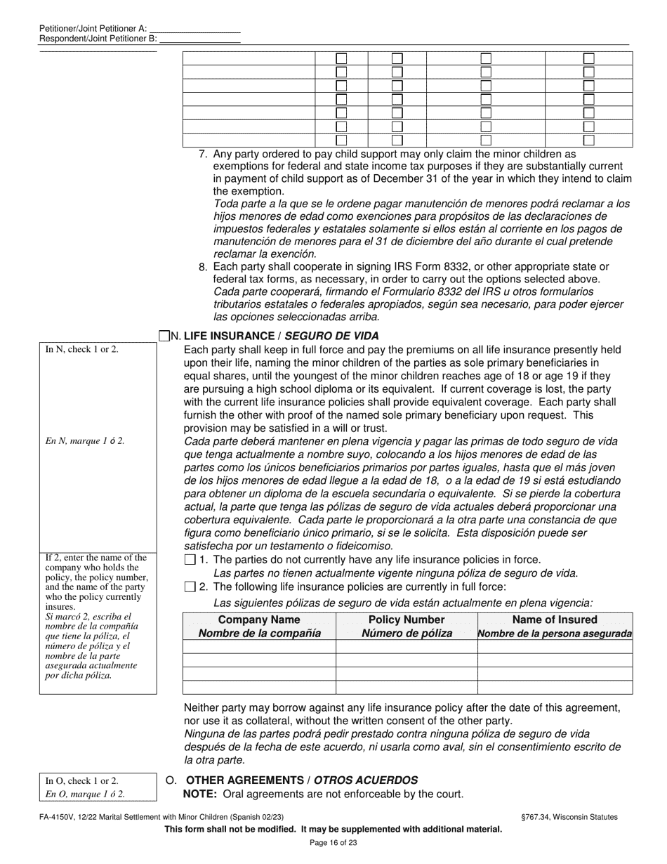 Form FA-4150V Marital Settlement Agreement With Minor Children - Wisconsin (English / Spanish), Page 16