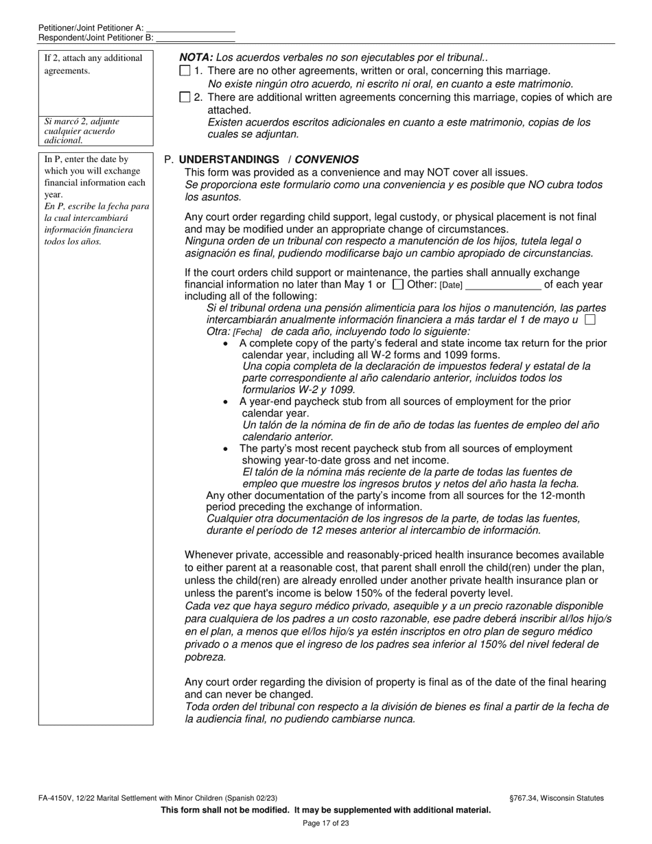Form FA-4150V Marital Settlement Agreement With Minor Children - Wisconsin (English / Spanish), Page 17