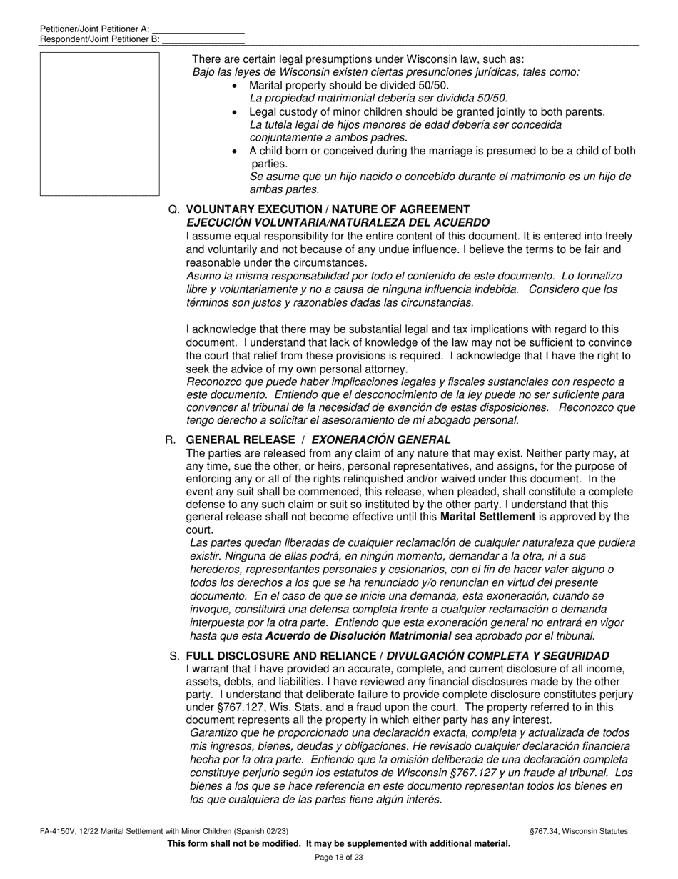 Form FA-4150V Marital Settlement Agreement With Minor Children - Wisconsin (English / Spanish), Page 18