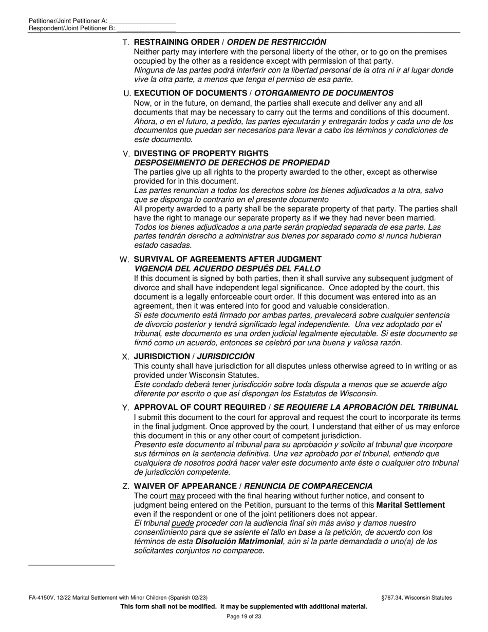 Form FA-4150V Marital Settlement Agreement With Minor Children - Wisconsin (English / Spanish), Page 19