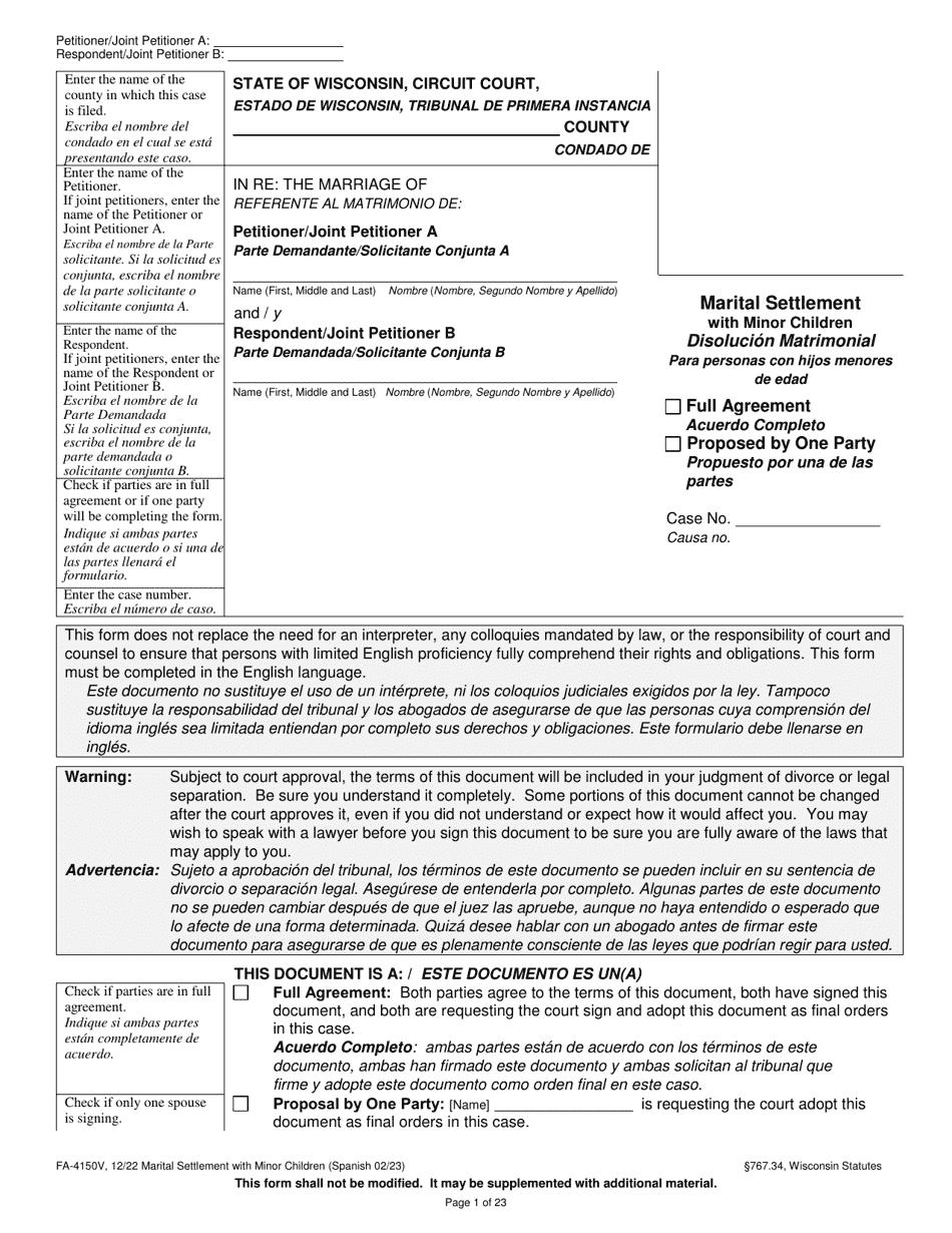 Form FA-4150V Marital Settlement Agreement With Minor Children - Wisconsin (English / Spanish), Page 1