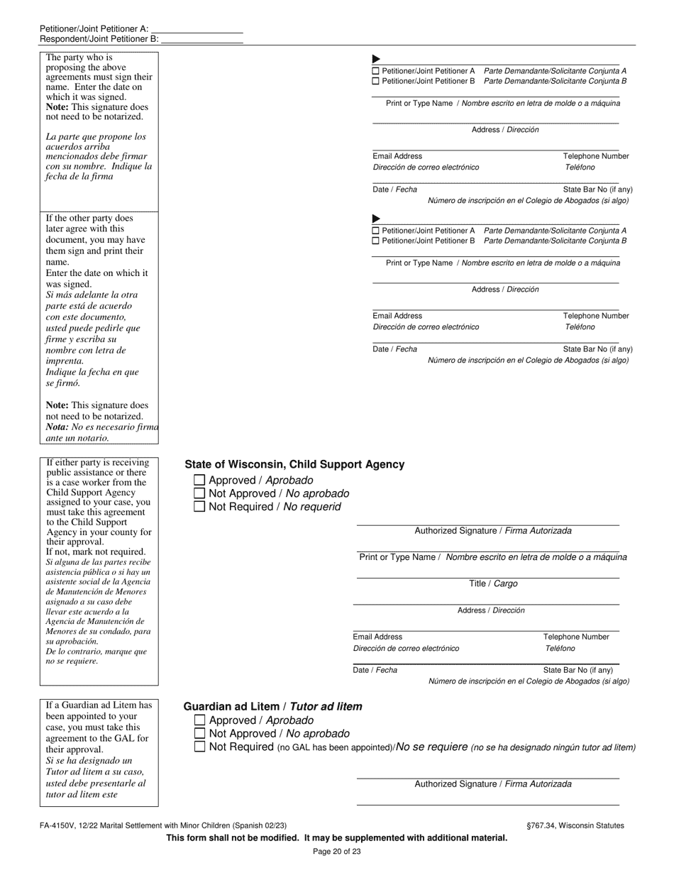 Form FA-4150V Marital Settlement Agreement With Minor Children - Wisconsin (English / Spanish), Page 20