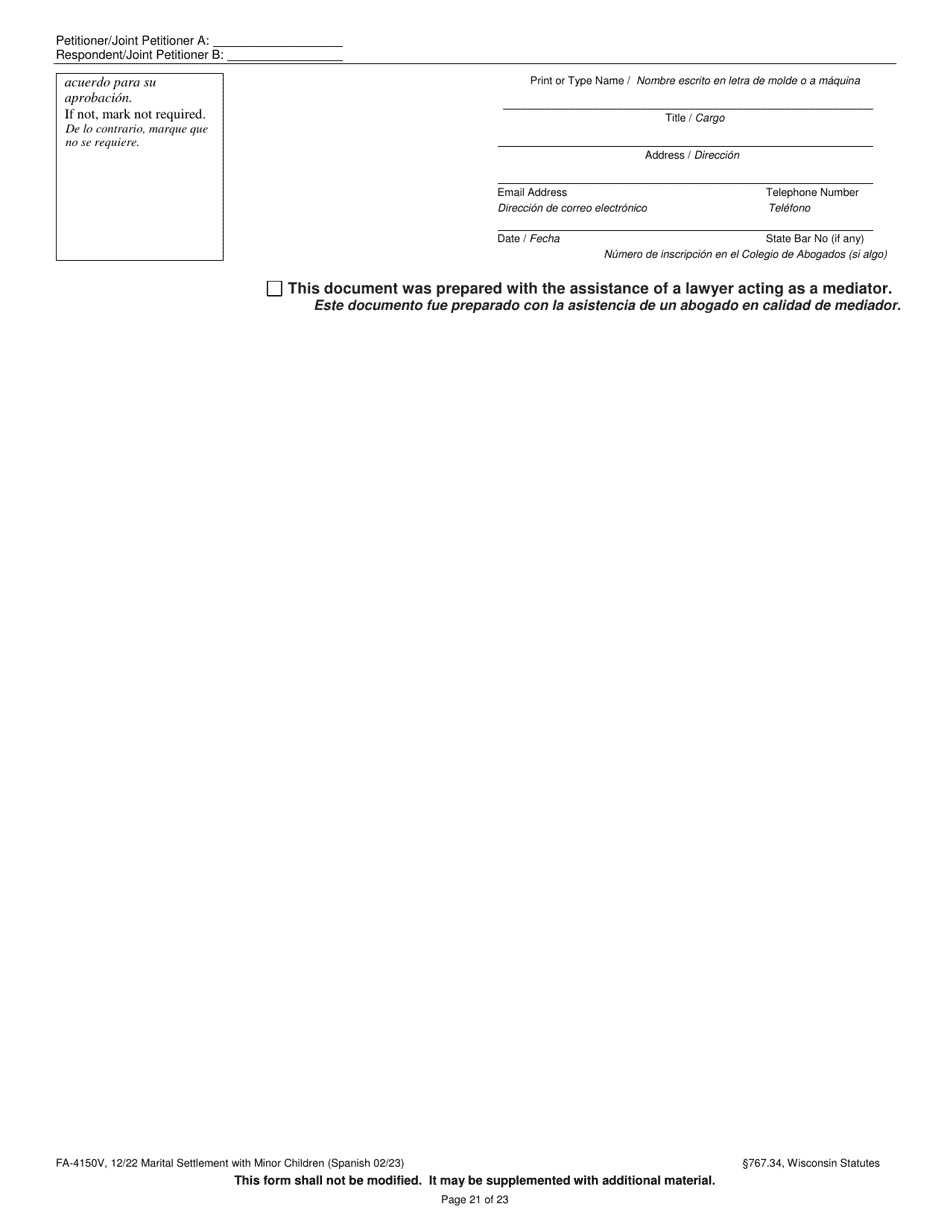 Form FA-4150V Marital Settlement Agreement With Minor Children - Wisconsin (English / Spanish), Page 21