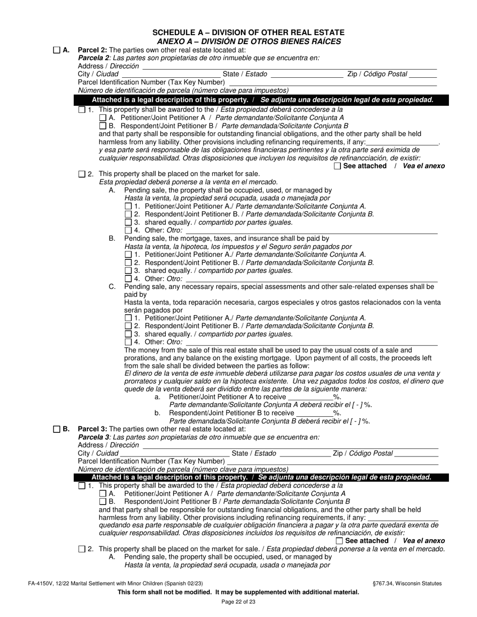 Form FA-4150V Marital Settlement Agreement With Minor Children - Wisconsin (English / Spanish), Page 22