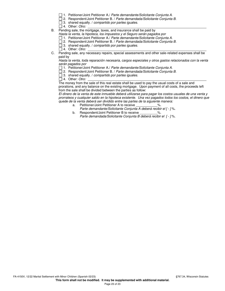 Form FA-4150V Marital Settlement Agreement With Minor Children - Wisconsin (English / Spanish), Page 23