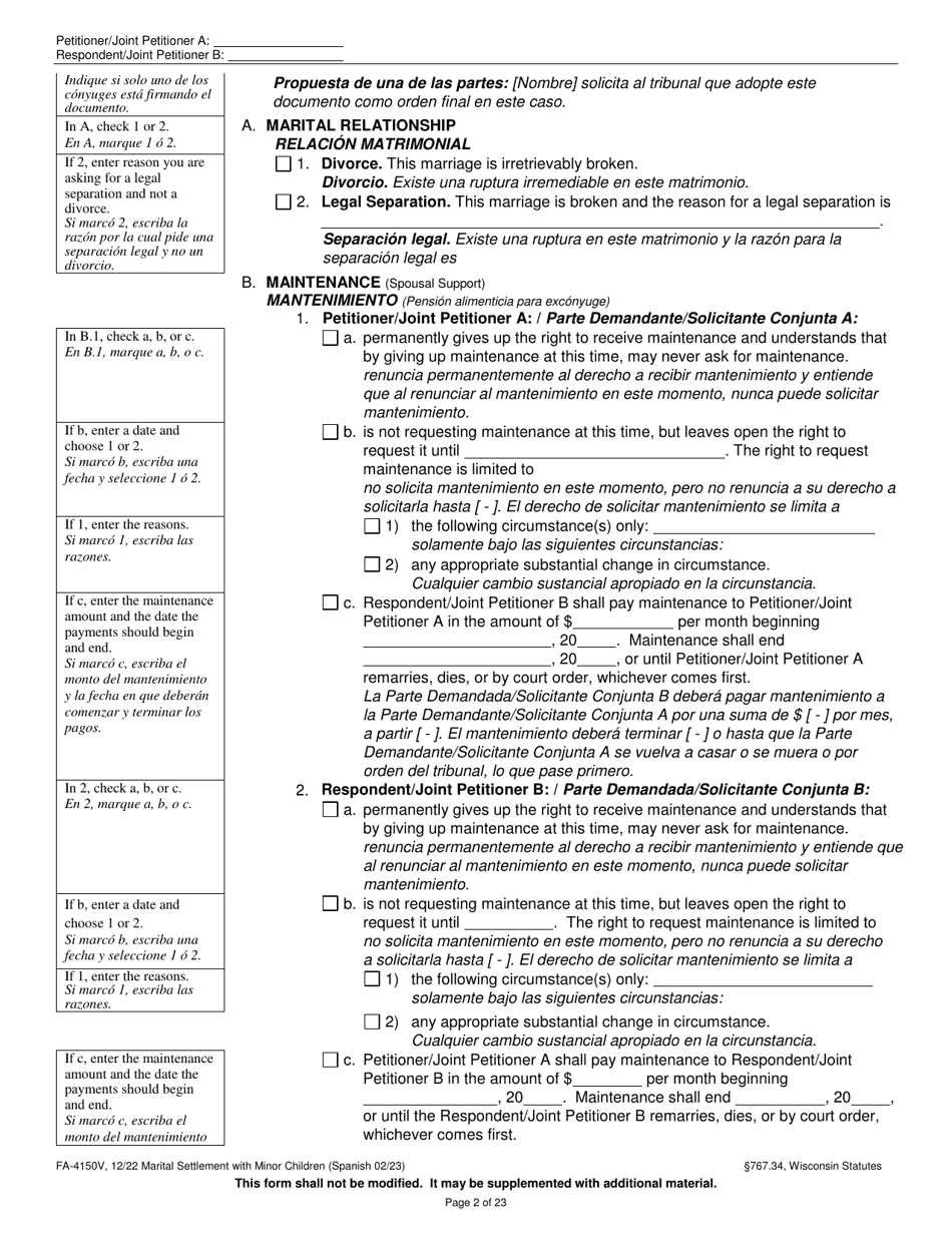 Form FA-4150V Marital Settlement Agreement With Minor Children - Wisconsin (English / Spanish), Page 2