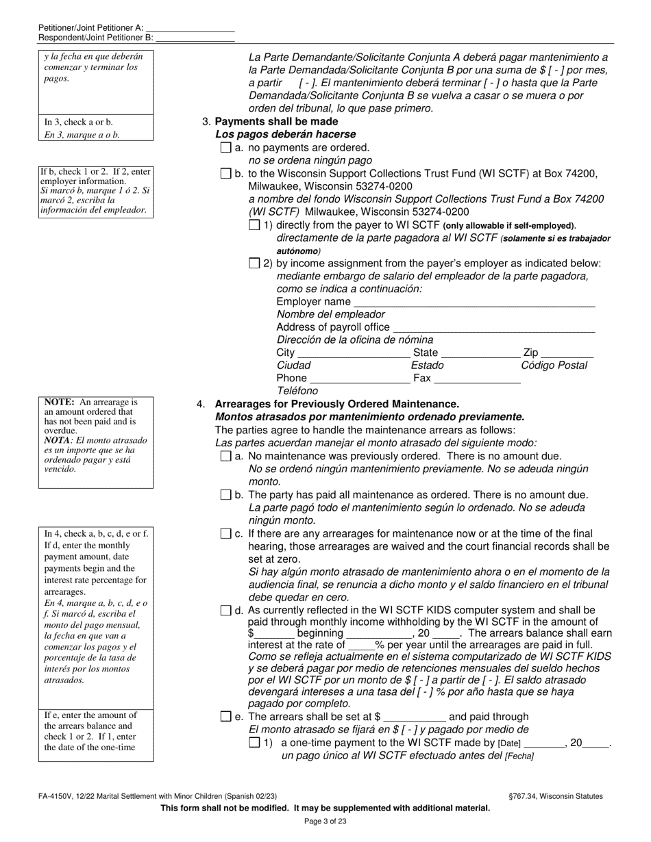 Form FA-4150V Marital Settlement Agreement With Minor Children - Wisconsin (English / Spanish), Page 3