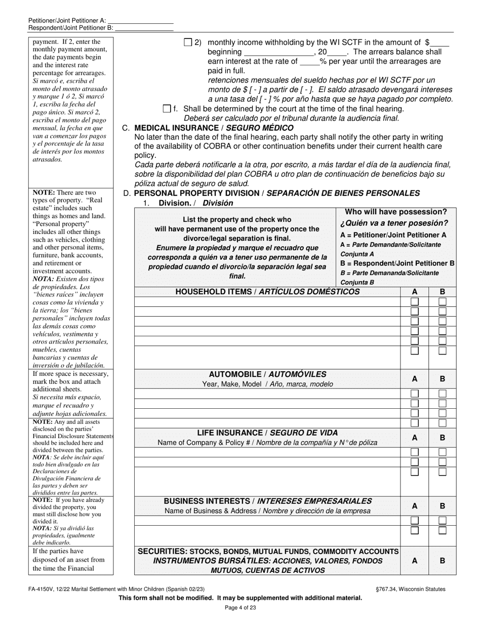 Form FA-4150V Marital Settlement Agreement With Minor Children - Wisconsin (English / Spanish), Page 4