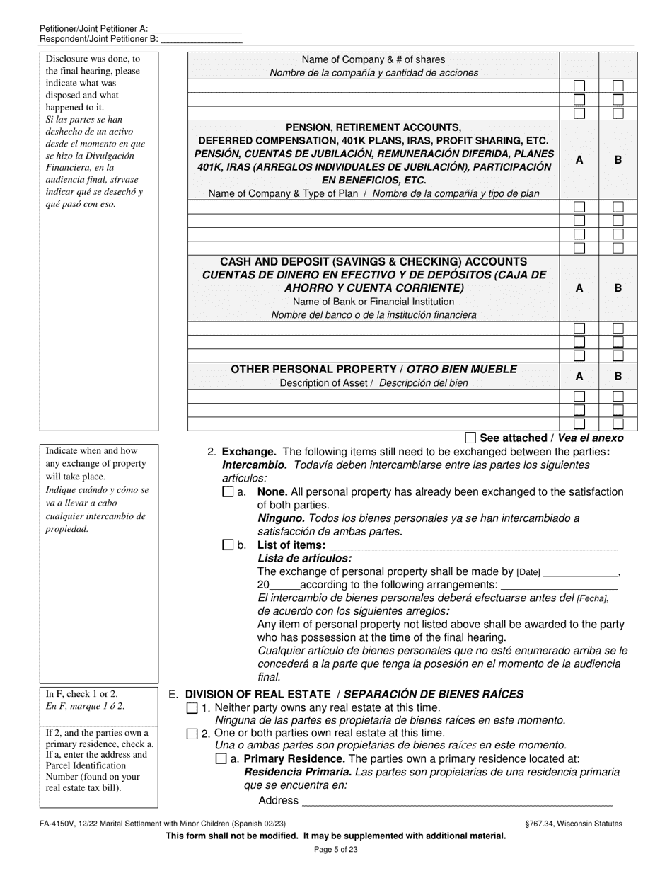 Form FA-4150V Marital Settlement Agreement With Minor Children - Wisconsin (English / Spanish), Page 5