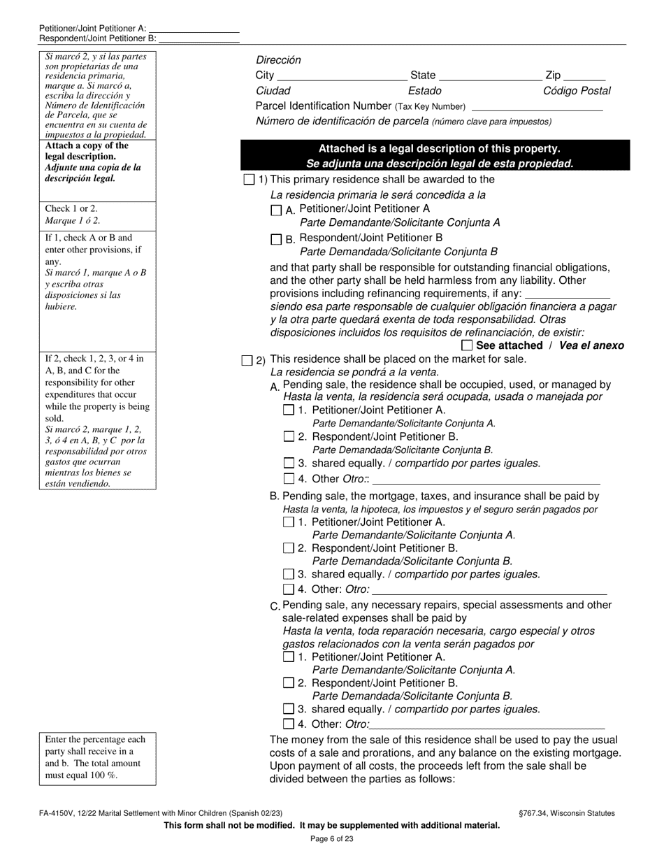 Form FA-4150V Marital Settlement Agreement With Minor Children - Wisconsin (English / Spanish), Page 6