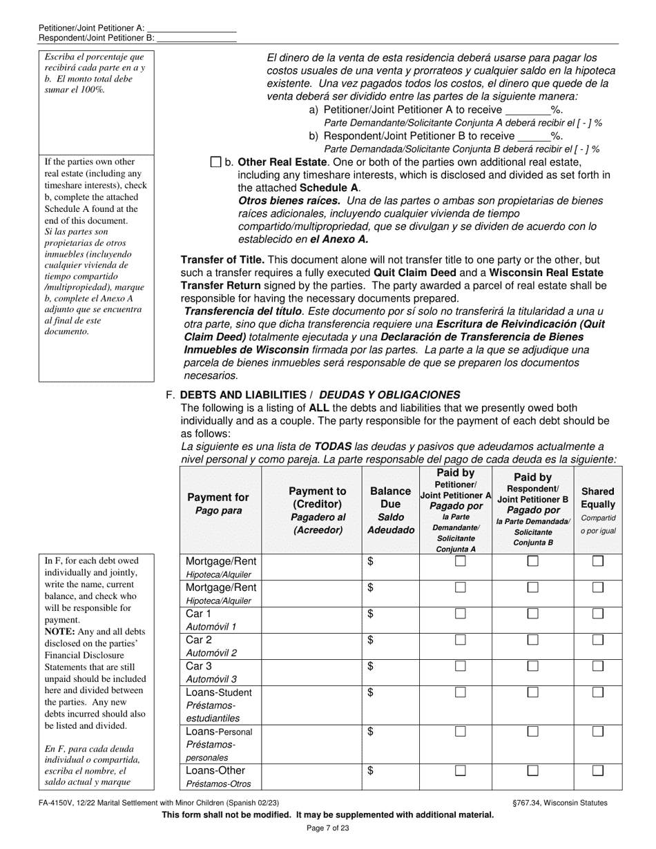 Form FA-4150V Marital Settlement Agreement With Minor Children - Wisconsin (English / Spanish), Page 7