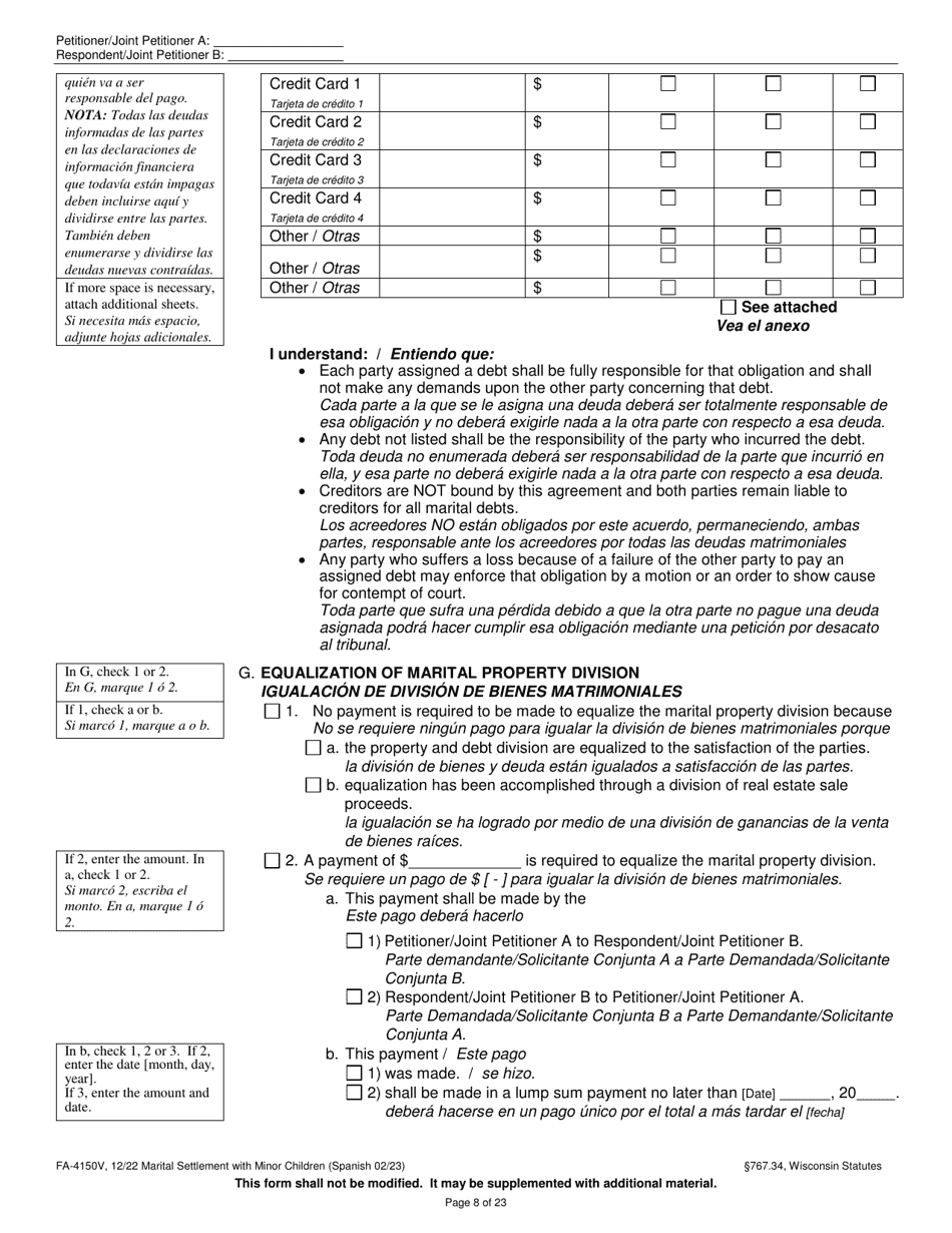 Form FA-4150V Marital Settlement Agreement With Minor Children - Wisconsin (English / Spanish), Page 8