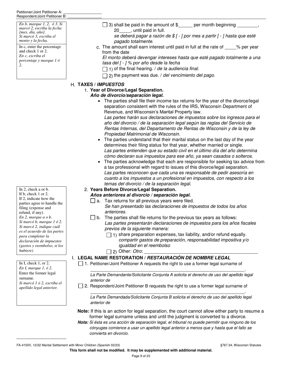 Form FA-4150V Marital Settlement Agreement With Minor Children - Wisconsin (English / Spanish), Page 9