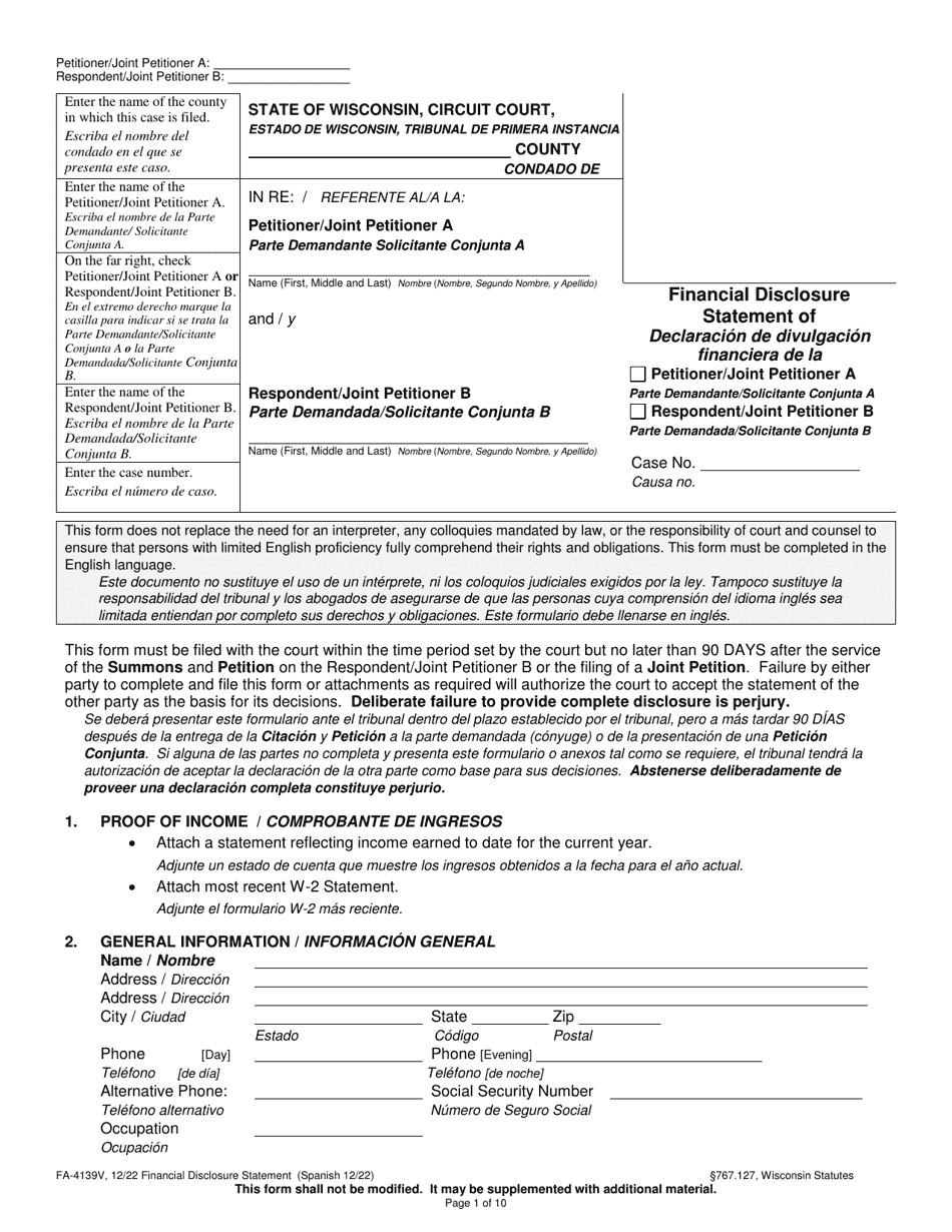 Form FA-4139V Financial Disclosure Statement - Wisconsin (English / Spanish), Page 1
