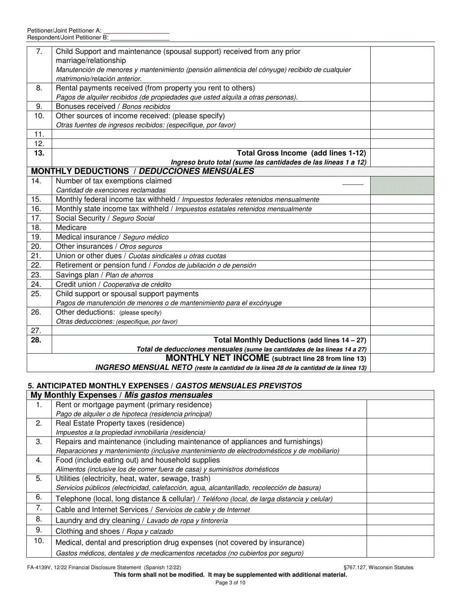 Form Fa 4139v Download Printable Pdf Or Fill Online Financial Disclosure Statement Wisconsin 8682