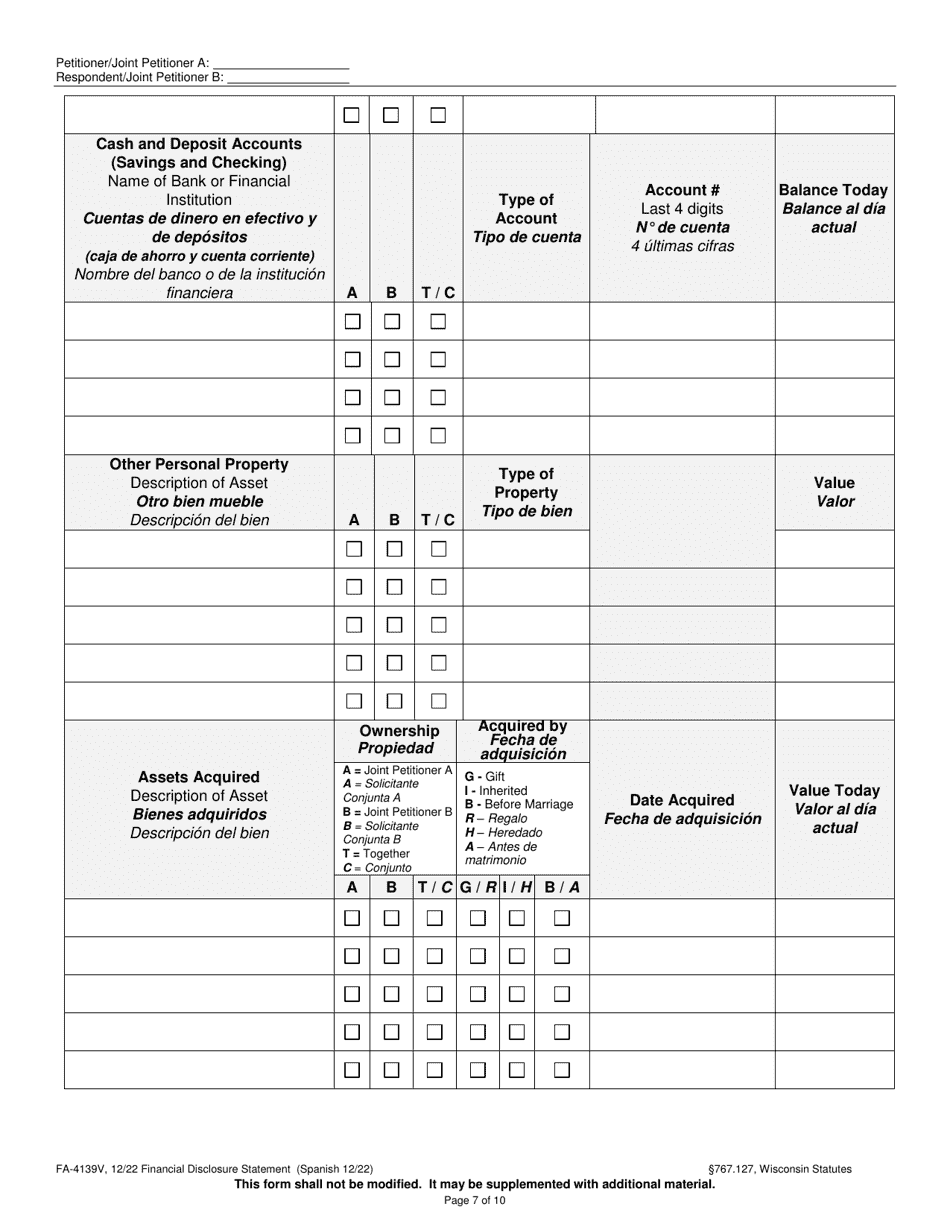 Form FA-4139V Financial Disclosure Statement - Wisconsin (English / Spanish), Page 7