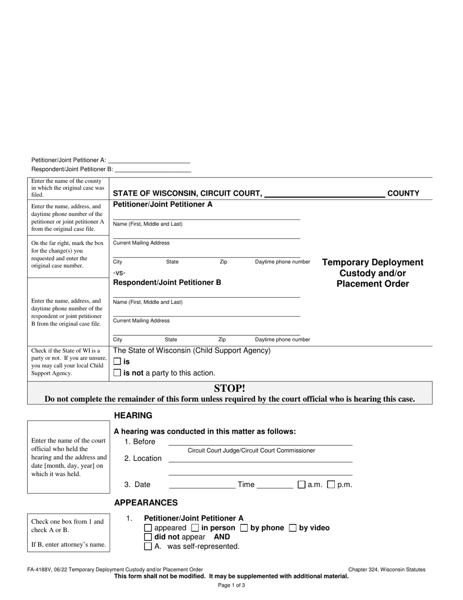 Form FA-4188V Temporary Deployment Custody and / or Placement Order - Wisconsin, Page 1