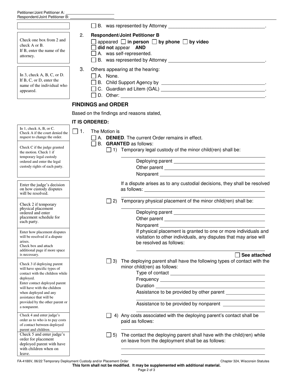 Form FA-4188V Temporary Deployment Custody and / or Placement Order - Wisconsin, Page 2