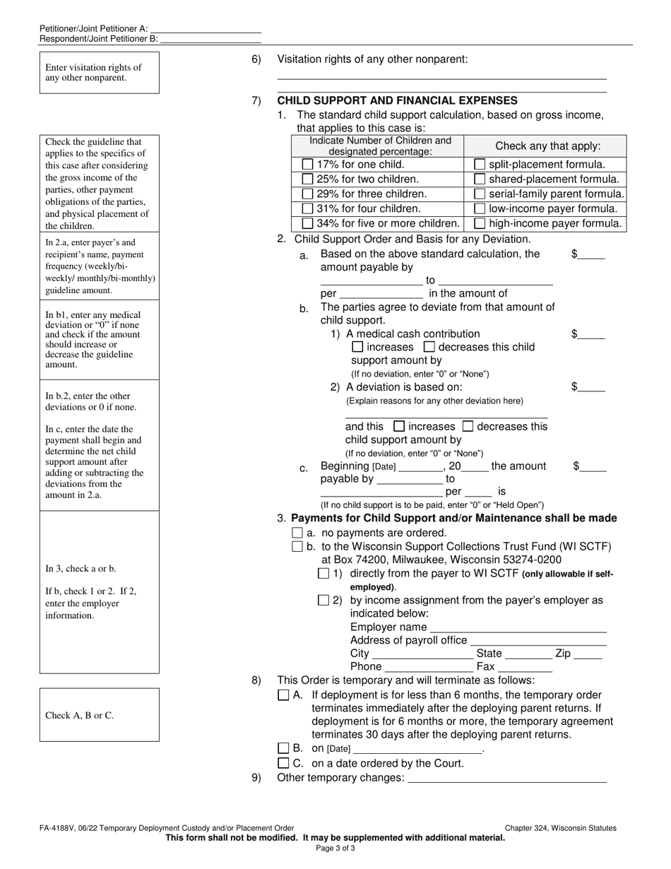 Form FA-4188V Temporary Deployment Custody and / or Placement Order - Wisconsin, Page 3