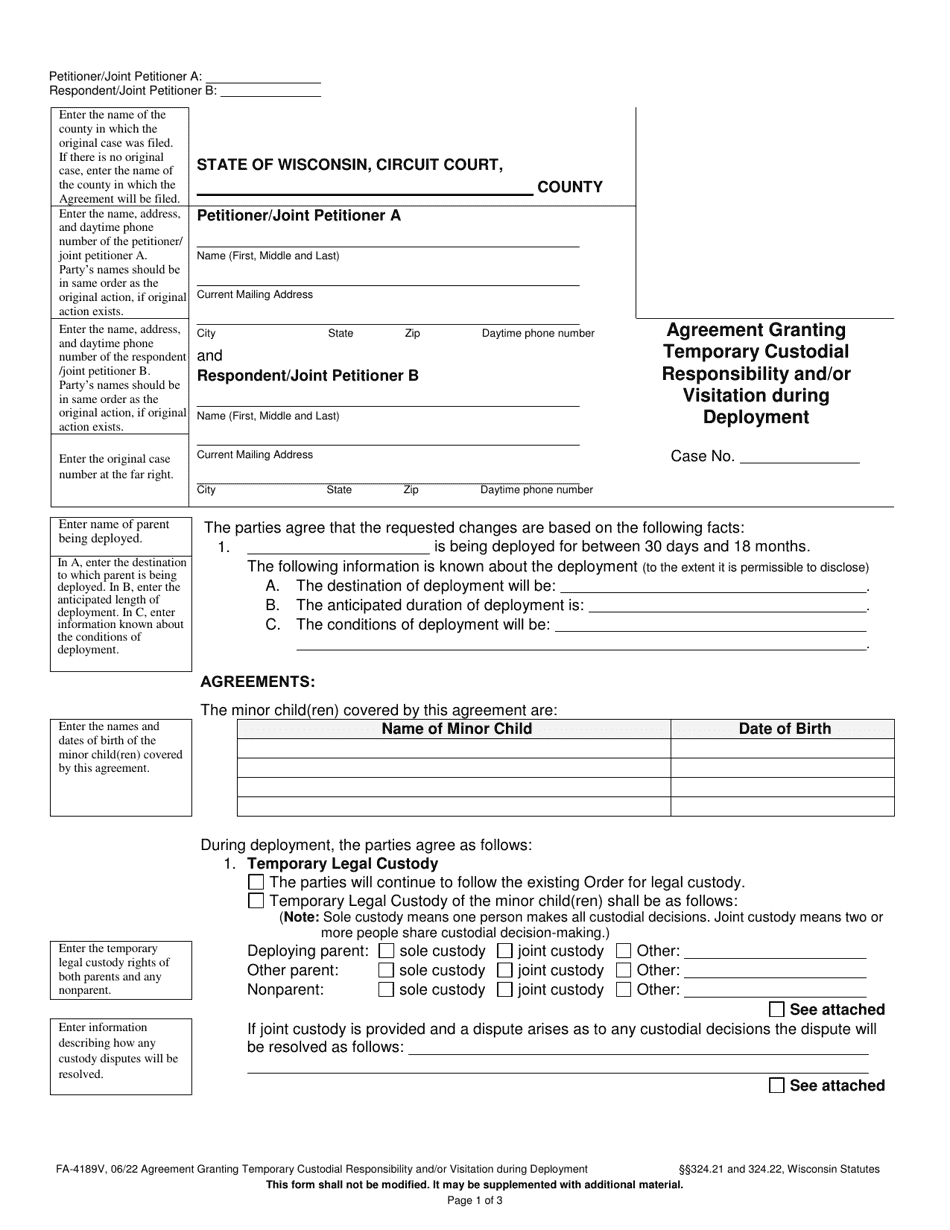 Form FA-4189V Agreement Granting Temporary Custodial Responsibility and / or Visitation During Deployment - Wisconsin, Page 1