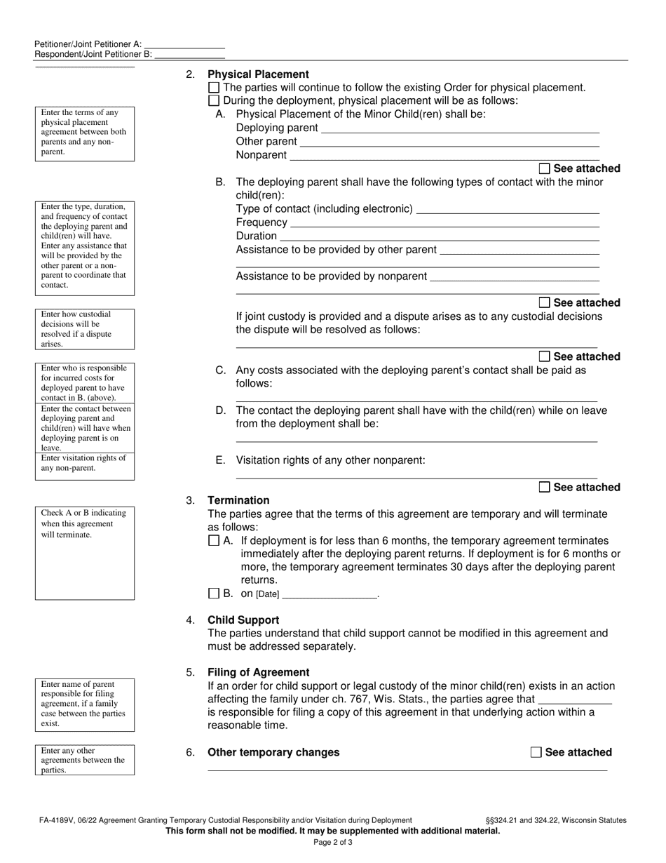 Form FA-4189V Agreement Granting Temporary Custodial Responsibility and / or Visitation During Deployment - Wisconsin, Page 2