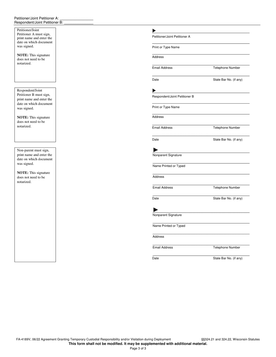 Form FA-4189V Agreement Granting Temporary Custodial Responsibility and / or Visitation During Deployment - Wisconsin, Page 3
