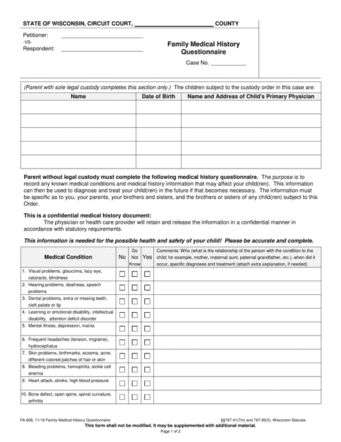 Form FA-608 Family Medical History Questionnaire - Wisconsin