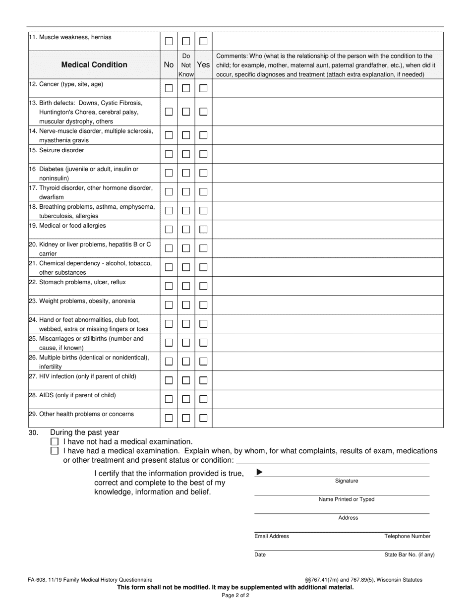 Form FA-608 Family Medical History Questionnaire - Wisconsin, Page 2